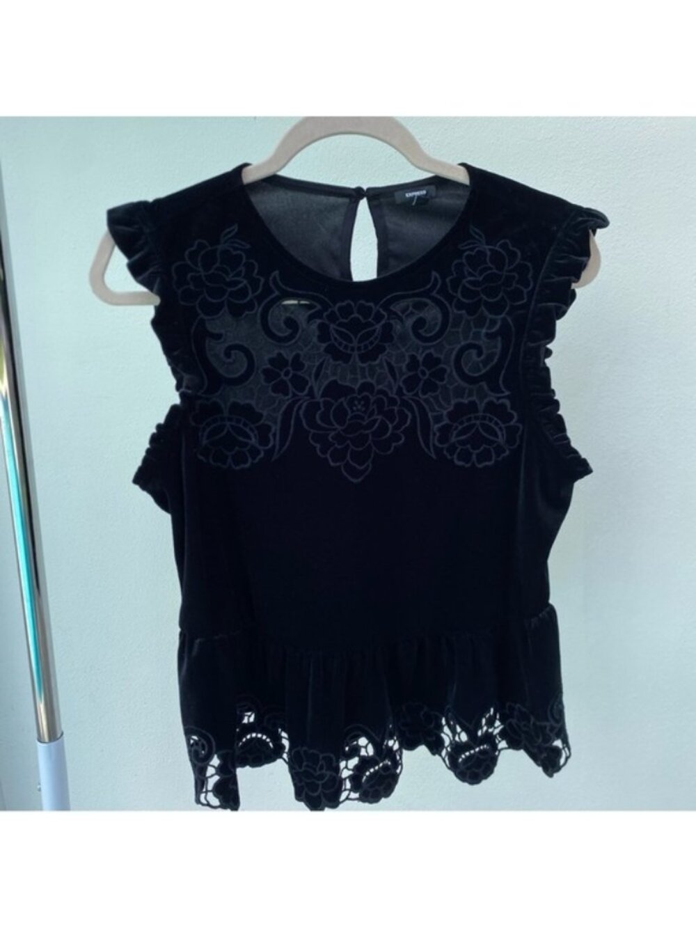 Black Velvet Cutout Embroidered Ruffle Top